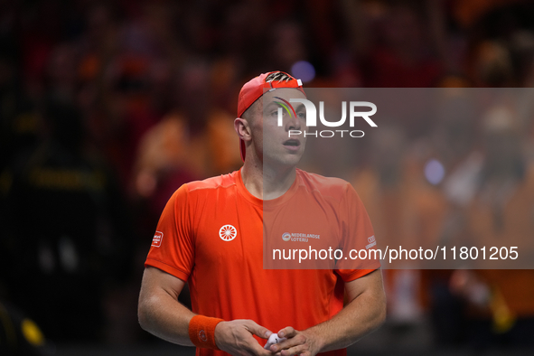 MALAGA, SPAIN - NOVEMBER 22: Tallon Griekspoor of Team Netherlands celebrates the victory after winning his singles match against Jan-Lennar...