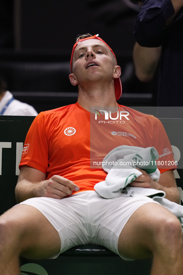 MALAGA, SPAIN - NOVEMBER 22: Tallon Griekspoor of Team Netherlands celebrates the victory after winning his singles match against Jan-Lennar...