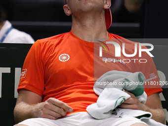 MALAGA, SPAIN - NOVEMBER 22: Tallon Griekspoor of Team Netherlands celebrates the victory after winning his singles match against Jan-Lennar...