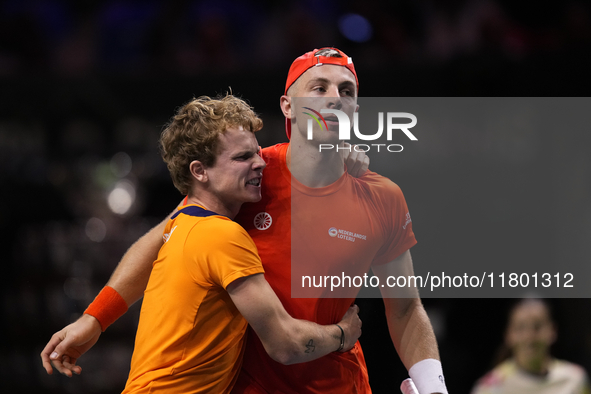 MALAGA, SPAIN - NOVEMBER 22: Tallon Griekspoor of Team Netherlands celebrates the victory after winning his singles match against Jan-Lennar...