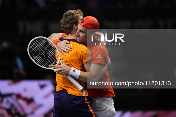 MALAGA, SPAIN - NOVEMBER 22: Tallon Griekspoor of Team Netherlands celebrates the victory after winning his singles match against Jan-Lennar...