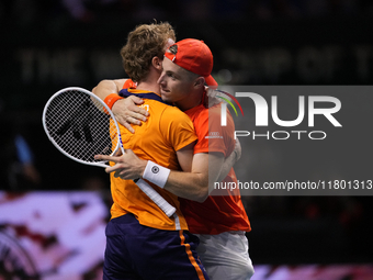 MALAGA, SPAIN - NOVEMBER 22: Tallon Griekspoor of Team Netherlands celebrates the victory after winning his singles match against Jan-Lennar...