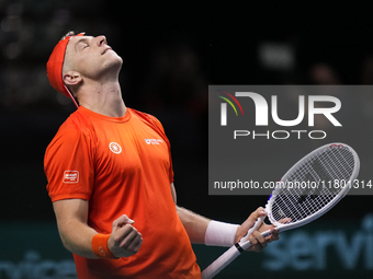 MALAGA, SPAIN - NOVEMBER 22: Tallon Griekspoor of Team Netherlands celebrates the victory after winning his singles match against Jan-Lennar...