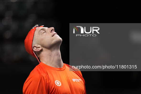 MALAGA, SPAIN - NOVEMBER 22: Tallon Griekspoor of Team Netherlands celebrates the victory after winning his singles match against Jan-Lennar...