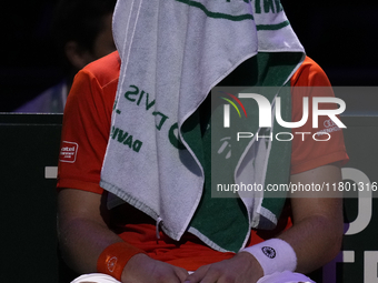 MALAGA, SPAIN - NOVEMBER 22: Tallon Griekspoor of Team Netherlands during his singles match against Jan-Lennard Struff of Team Germany durin...