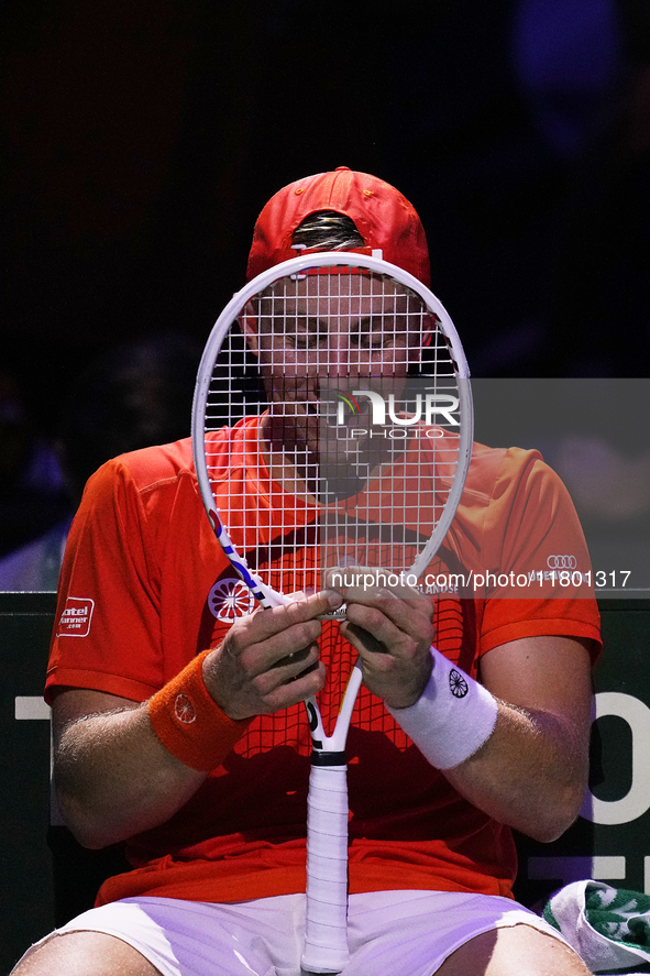 MALAGA, SPAIN - NOVEMBER 22: Tallon Griekspoor of Team Netherlands during his singles match against Jan-Lennard Struff of Team Germany durin...