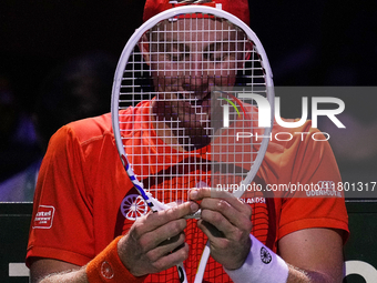 MALAGA, SPAIN - NOVEMBER 22: Tallon Griekspoor of Team Netherlands during his singles match against Jan-Lennard Struff of Team Germany durin...