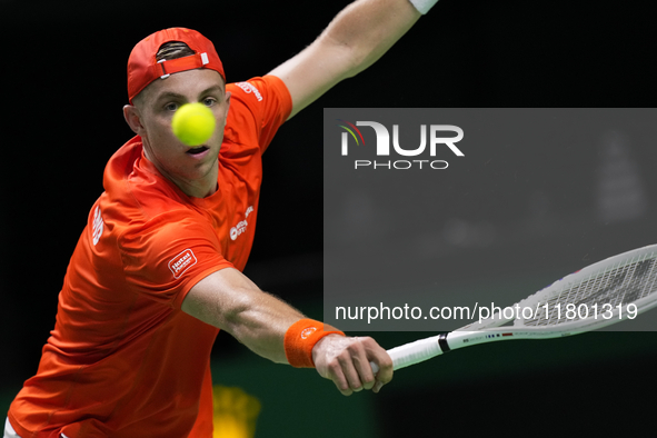 MALAGA, SPAIN - NOVEMBER 22: Tallon Griekspoor of Team Netherlands during his singles match against Jan-Lennard Struff of Team Germany durin...