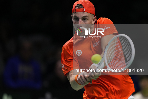 MALAGA, SPAIN - NOVEMBER 22: Tallon Griekspoor of Team Netherlands during his singles match against Jan-Lennard Struff of Team Germany durin...