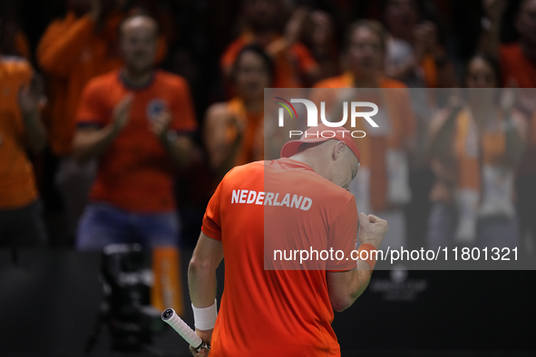 MALAGA, SPAIN - NOVEMBER 22: Tallon Griekspoor of Team Netherlands  celebrates a point during his singles match against Jan-Lennard Struff o...