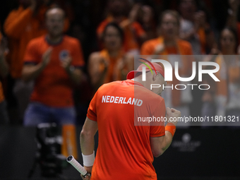 MALAGA, SPAIN - NOVEMBER 22: Tallon Griekspoor of Team Netherlands  celebrates a point during his singles match against Jan-Lennard Struff o...