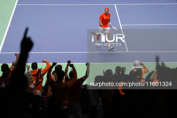 MALAGA, SPAIN - NOVEMBER 22: Tallon Griekspoor of Team Netherlands celebrates a point during his singles match against Jan-Lennard Struff of...