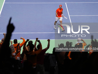 MALAGA, SPAIN - NOVEMBER 22: Tallon Griekspoor of Team Netherlands celebrates a point during his singles match against Jan-Lennard Struff of...