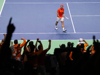 MALAGA, SPAIN - NOVEMBER 22: Tallon Griekspoor of Team Netherlands celebrates a point during his singles match against Jan-Lennard Struff of...