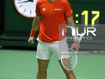 MALAGA, SPAIN - NOVEMBER 22: Tallon Griekspoor of Team Netherlands celebrates a point during his singles match against Jan-Lennard Struff of...