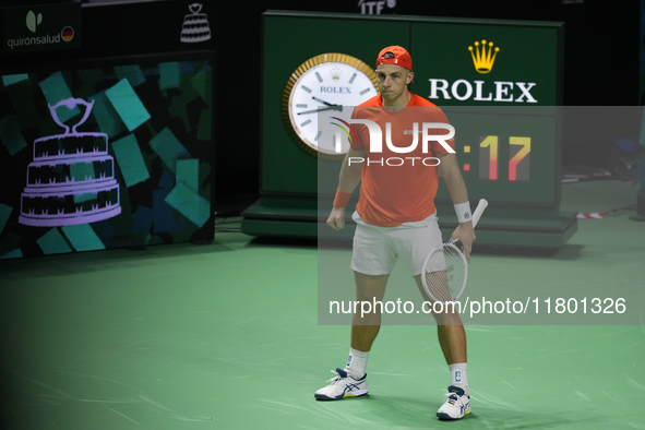 MALAGA, SPAIN - NOVEMBER 22: Tallon Griekspoor of Team Netherlands celebrates a point during his singles match against Jan-Lennard Struff of...