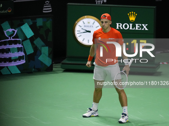 MALAGA, SPAIN - NOVEMBER 22: Tallon Griekspoor of Team Netherlands celebrates a point during his singles match against Jan-Lennard Struff of...