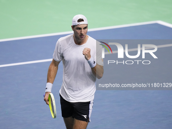 MALAGA, SPAIN - NOVEMBER 22: Jan-Lennard Struff of Team Germany celebrates a point during his singles match against Tallon Griekspoor of Tea...