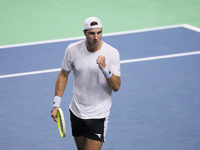 MALAGA, SPAIN - NOVEMBER 22: Jan-Lennard Struff of Team Germany celebrates a point during his singles match against Tallon Griekspoor of Tea...