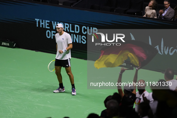 MALAGA, SPAIN - NOVEMBER 22: Jan-Lennard Struff of Team Germany celebrates a point during his singles match against Tallon Griekspoor of Tea...