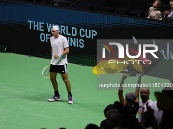 MALAGA, SPAIN - NOVEMBER 22: Jan-Lennard Struff of Team Germany celebrates a point during his singles match against Tallon Griekspoor of Tea...