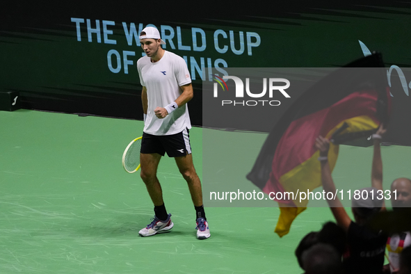 MALAGA, SPAIN - NOVEMBER 22: Jan-Lennard Struff of Team Germany celebrates a point during his singles match against Tallon Griekspoor of Tea...