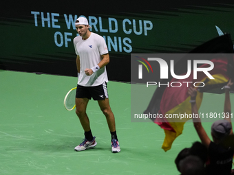 MALAGA, SPAIN - NOVEMBER 22: Jan-Lennard Struff of Team Germany celebrates a point during his singles match against Tallon Griekspoor of Tea...