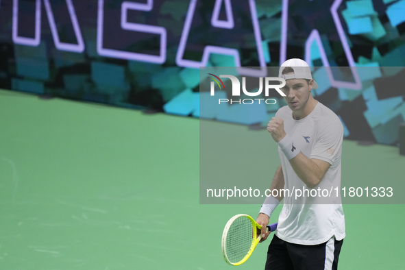 MALAGA, SPAIN - NOVEMBER 22: Jan-Lennard Struff of Team Germany celebrates a point during his singles match against Tallon Griekspoor of Tea...