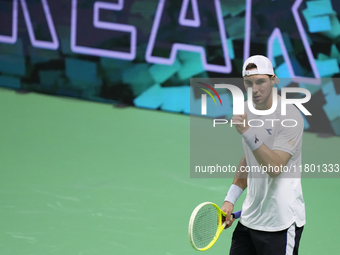 MALAGA, SPAIN - NOVEMBER 22: Jan-Lennard Struff of Team Germany celebrates a point during his singles match against Tallon Griekspoor of Tea...