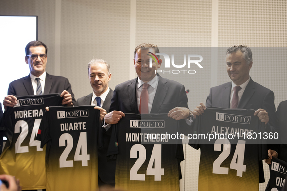 Prime Minister Luis Montenegro wears a T-shirt with his last name during the inauguration of the Prof. Dr. Jayme Rios Souza Stadium, Univers...