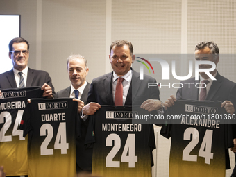 Prime Minister Luis Montenegro wears a T-shirt with his last name during the inauguration of the Prof. Dr. Jayme Rios Souza Stadium, Univers...