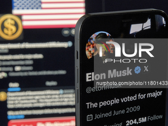 The photo shows Elon Musk’s personal X account displayed on an iPhone in the foreground, while the official X profile of the Department of G...