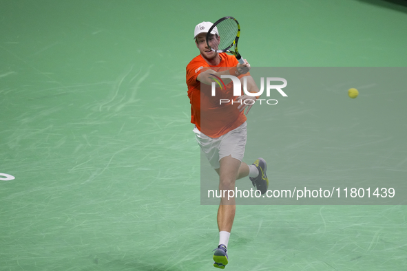 MALAGA, SPAIN - NOVEMBER 22: Botic van de Zandschulp of Team Netherlands during his singles match against Daniel Altamaier of Team Germany d...