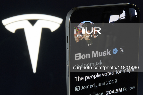 The image shows Elon Musk's personal X profile displayed on an iPhone, with the Tesla logo, his electric vehicle company, subtly visible in...