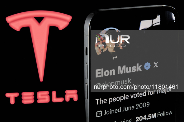 The image shows Elon Musk's personal X profile displayed on an iPhone, with the Tesla logo, his electric vehicle company, subtly visible in...