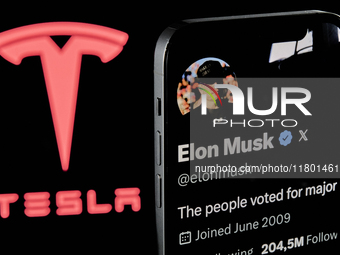 The image shows Elon Musk's personal X profile displayed on an iPhone, with the Tesla logo, his electric vehicle company, subtly visible in...