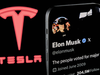 The image shows Elon Musk's personal X profile displayed on an iPhone, with the Tesla logo, his electric vehicle company, subtly visible in...