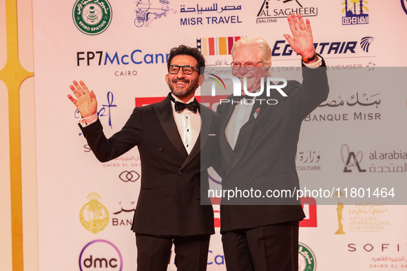 Movie stars Ahmed Helmy and Hassen Fahmy are on the red carpet at the conclusion of the Cairo Film Festival in its 45th session, held at the...