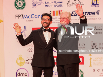 Movie stars Ahmed Helmy and Hassen Fahmy are on the red carpet at the conclusion of the Cairo Film Festival in its 45th session, held at the...