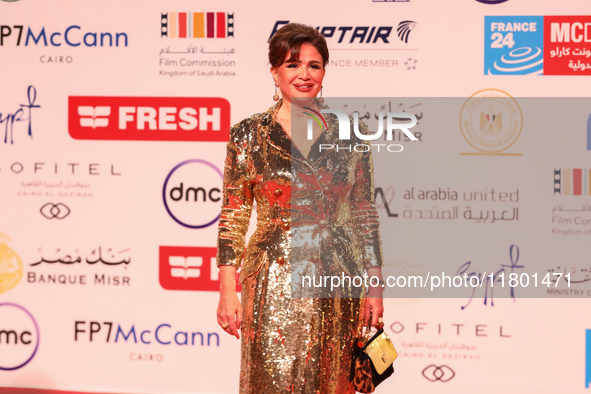 Movie star Alham Shahen is on the red carpet at the conclusion of the Cairo Film Festival in its 45th session, held at the Egyptian Opera Ho...