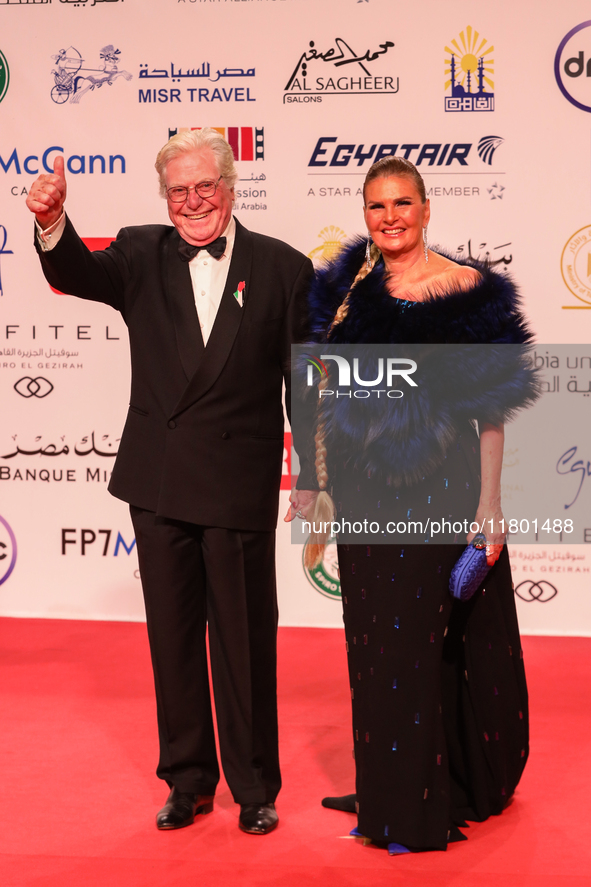 Movie stars Hassen Fahmi and Youssra walk the red carpet at the conclusion of the Cairo Film Festival in its 45th session, held at the Egypt...