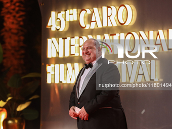 Movie star Khaled El Savy is on the red carpet at the conclusion of the Cairo Film Festival in its 45th session, held at the Egyptian Opera...