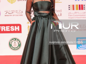 Movie star Mais Hemdan is on the red carpet at the conclusion of the Cairo Film Festival in its 45th session, held at the Egyptian Opera Hou...