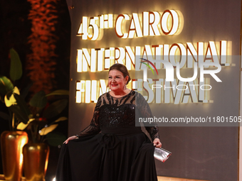 Movie star Mimi Gamal is on the red carpet at the conclusion of the Cairo Film Festival in its 45th session, held at the Egyptian Opera Hous...