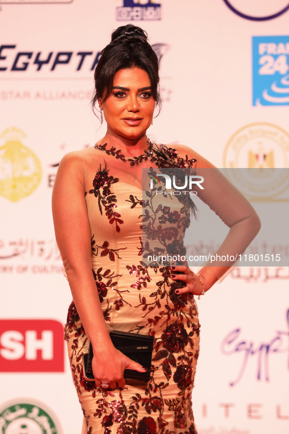 Movie star Rania Youssef is on the red carpet at the conclusion of the Cairo Film Festival in its 45th session, held at the Egyptian Opera H...