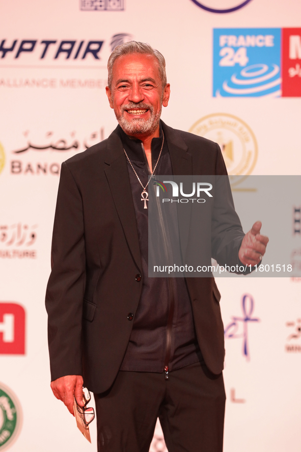 Movie star Sabry Fawwaz is on the red carpet at the conclusion of the Cairo Film Festival in its 45th session, held at the Egyptian Opera Ho...