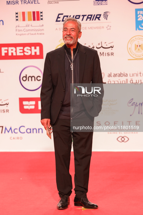 Movie star Sabry Fawwaz is on the red carpet at the conclusion of the Cairo Film Festival in its 45th session, held at the Egyptian Opera Ho...