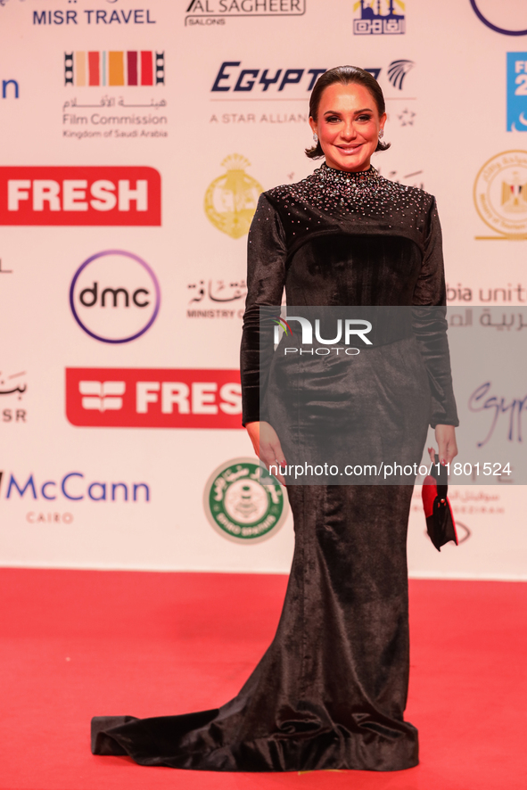 Movie star Solaf is on the red carpet at the conclusion of the Cairo Film Festival in its 45th session, held at the Egyptian Opera House in...