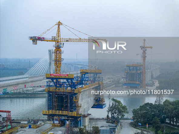 In Shanghai, China, on November 22, 2024, a photo shows the Shanghai Demonstration Zone Line crossing the Highway Port Bridge under construc...