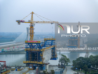 In Shanghai, China, on November 22, 2024, a photo shows the Shanghai Demonstration Zone Line crossing the Highway Port Bridge under construc...